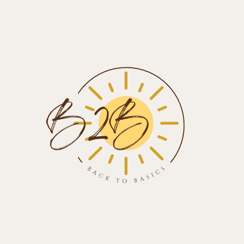 B2B Back to Basics logo with a sun design in the background.